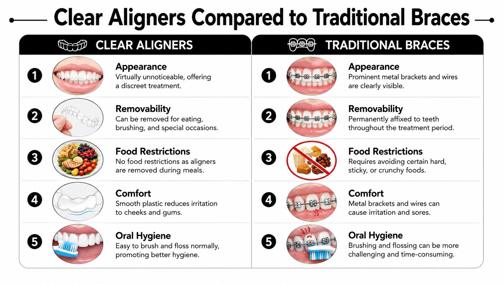 A comparison chart showing the advantages of clear aligners versus traditional metal braces for orthodontic treatment.