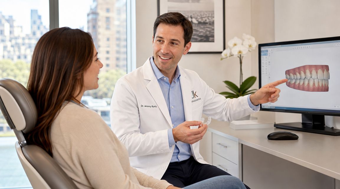 A male orthodontist explaining dental treatment to a female patient while pointing at a 3D digital model.