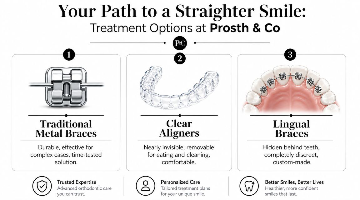 A visual guide outlining three orthodontic treatment options including metal braces, clear aligners, and lingual braces.