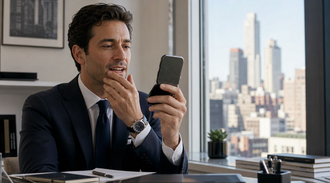 A professional man in a suit looking at a compact mirror while working in an office.