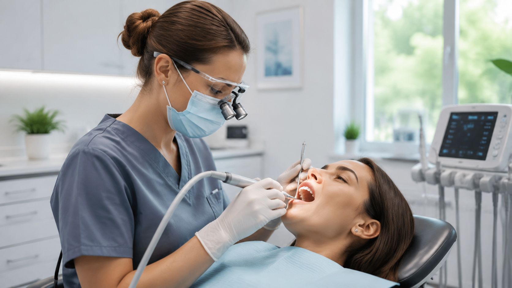 A professional dentist performing a dental cleaning and tartar removal procedure on a patient in a clinic.