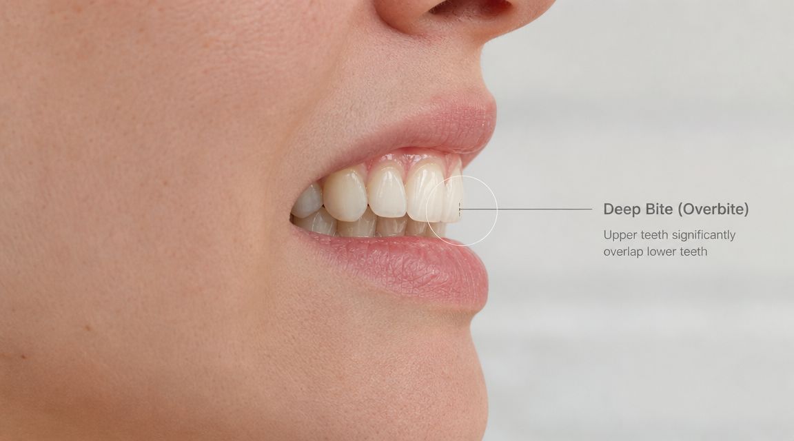 A close-up view of a person's mouth demonstrating a dental condition known as a deep bite or overbite.