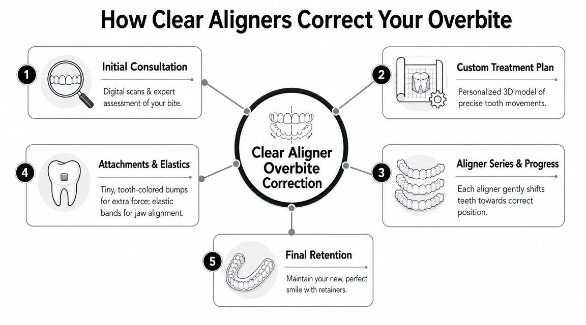 A five-step infographic showing how clear aligners are used to correct an overbite dental condition.
