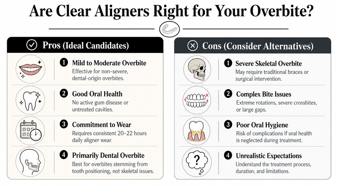 A comparison chart outlining the pros and cons of using clear aligners for treating overbite issues.