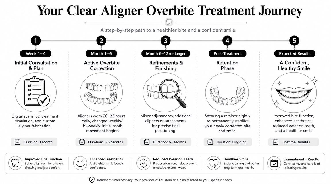 A five-step infographic detailing the treatment journey for correcting an overbite using clear aligner therapy.