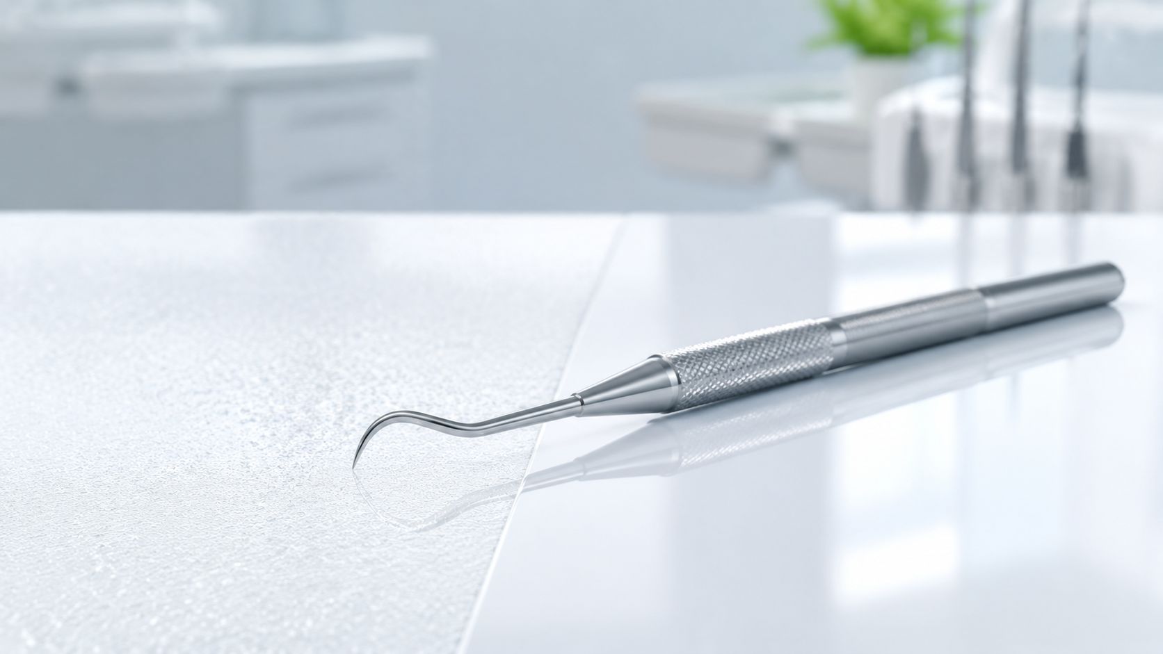 A sharp, metallic dental explorer tool resting on a clean, white surface in a modern dental office.