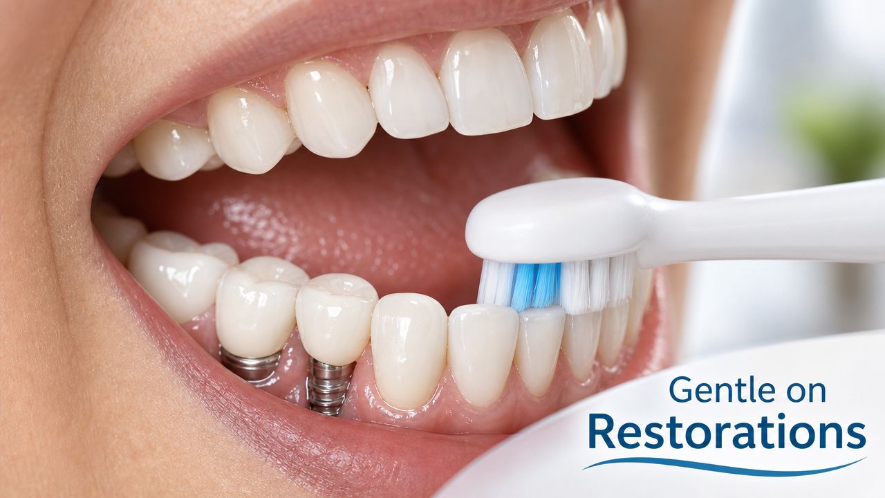 A close-up view of a person using an electric toothbrush to gently clean their dental implants.