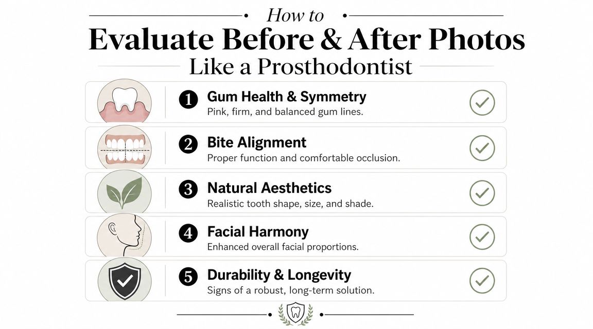 A dental infographic titled How to Evaluate Before and After Photos Like a Prosthodontist with five criteria.