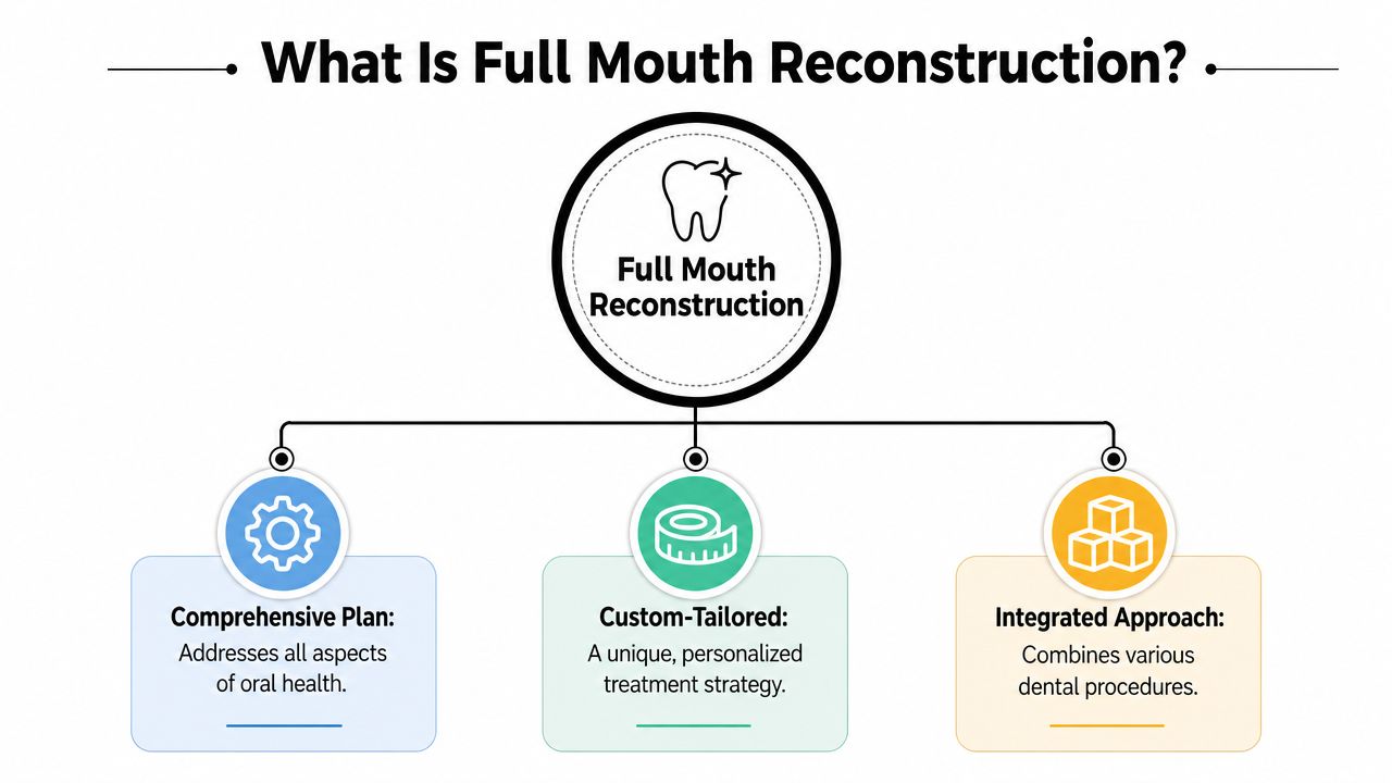 A diagram explaining the three key aspects of full mouth reconstruction: comprehensive planning, custom-tailored strategy, and integrated procedures.