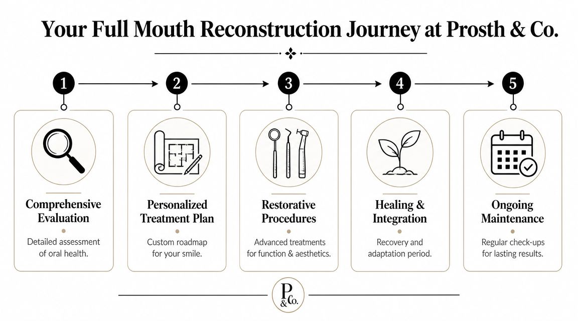 A diagram outlining the five-step process of a full mouth reconstruction journey at Prosths and Co.