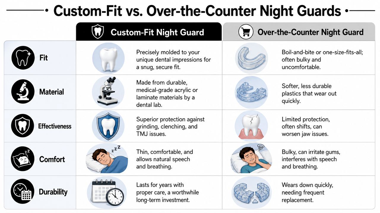 A comparison table outlining the differences between custom-fit and over-the-counter night guards across various categories.