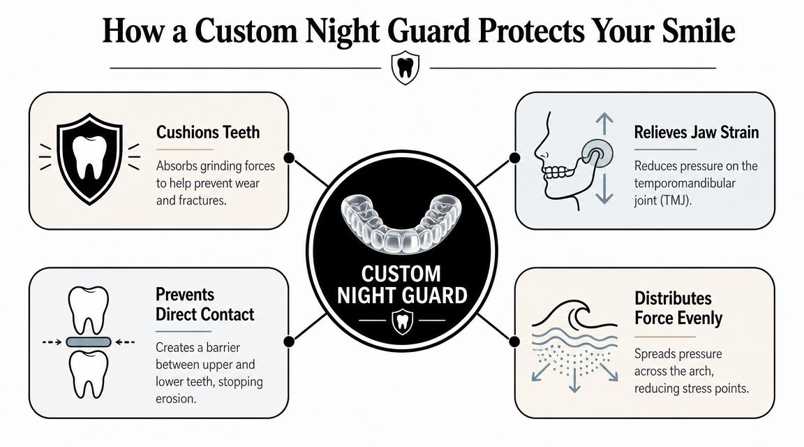 An infographic detailing the benefits of wearing a custom night guard to protect teeth and jaw.