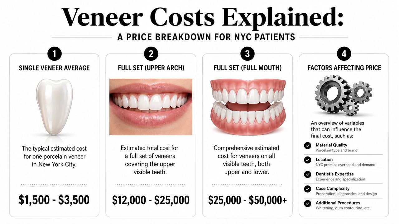 A visual breakdown of the estimated costs for porcelain veneers in New York City by service type.