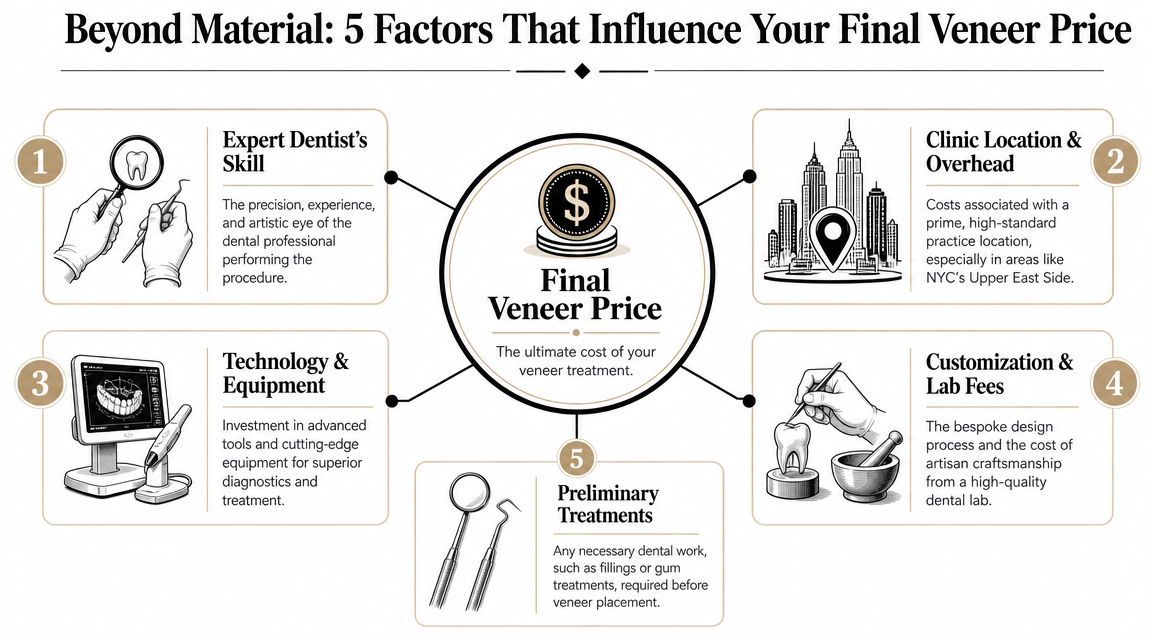 An infographic showing five key factors influencing the final price of dental veneer treatments.