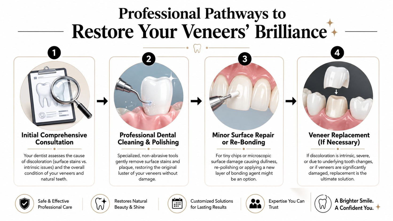 A four-step infographic showing professional pathways to restore the brilliance and color of dental veneers.