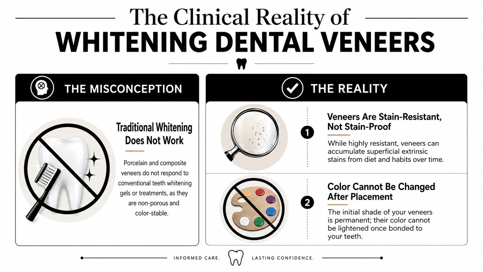 An infographic explaining that dental veneers are stain-resistant and cannot be whitened after being placed.
