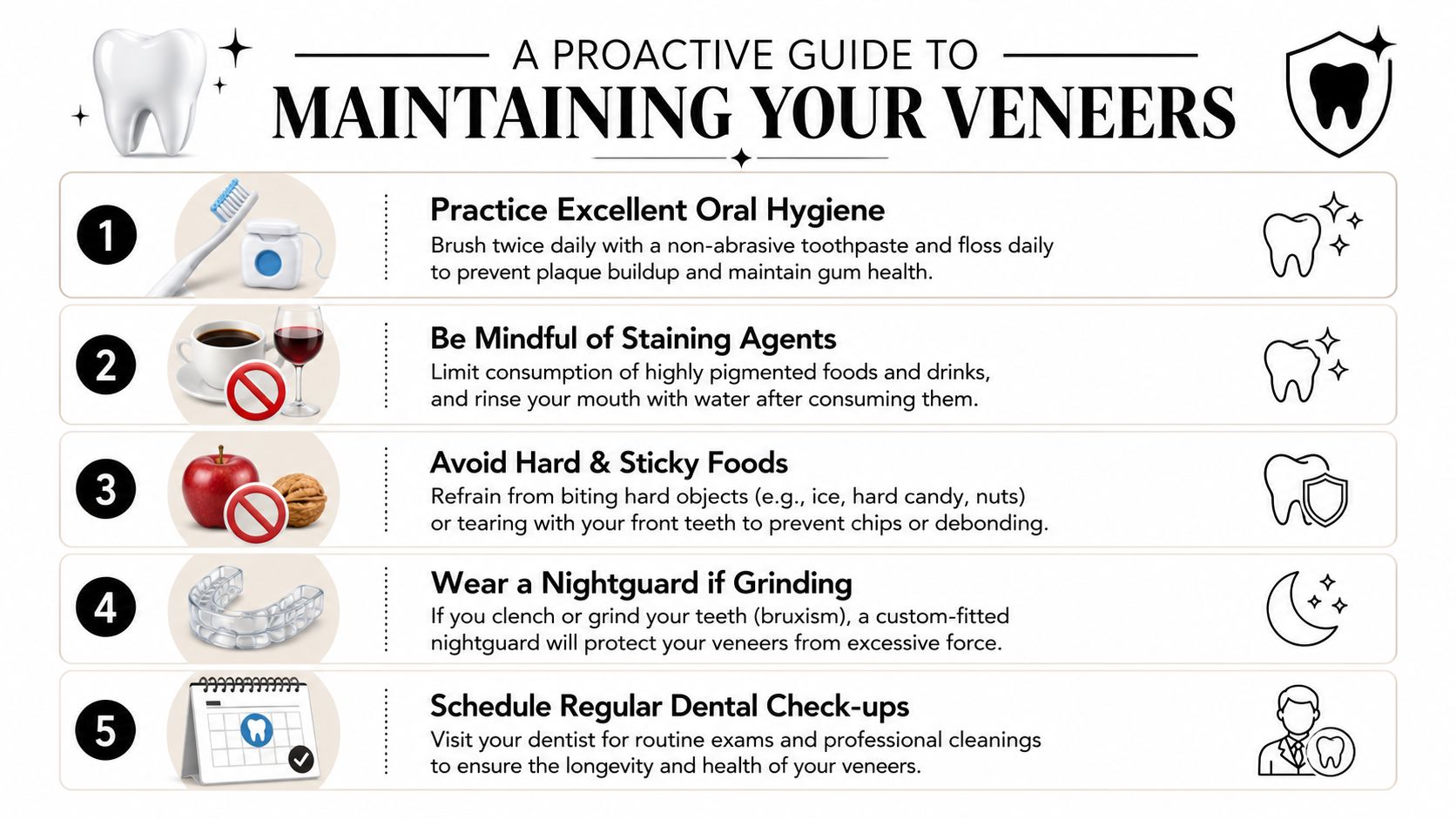 An infographic detailing five essential tips for maintaining dental veneers, including hygiene, diet, and regular professional care.
