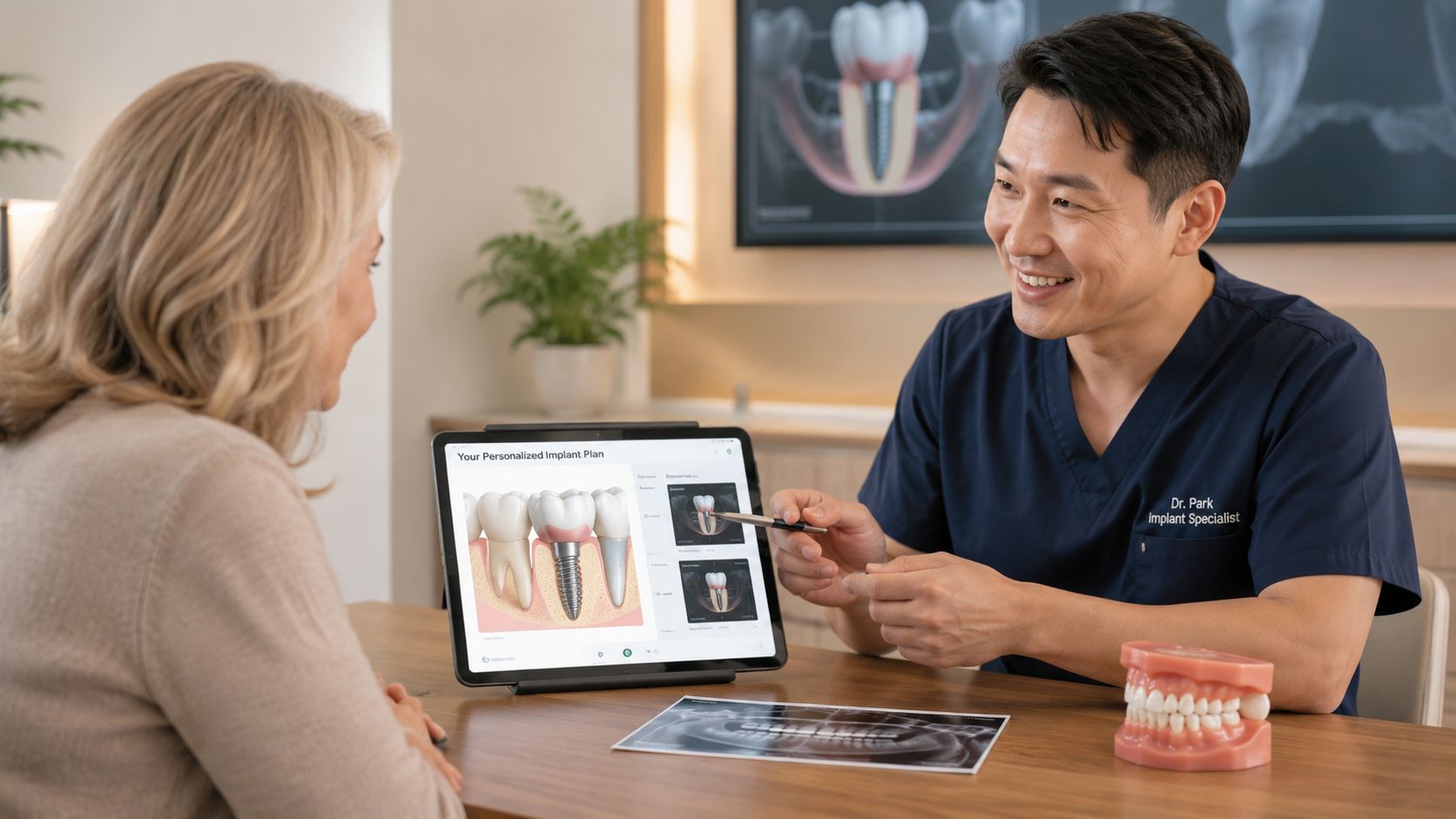A dentist explains a personalized tooth implant treatment plan to an elderly female patient using a tablet.