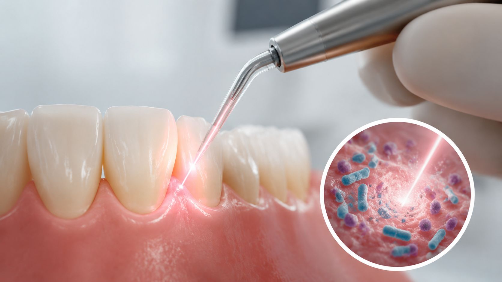 A close-up view of a dental laser tool performing bacterial reduction therapy on a patient's gum tissue.
