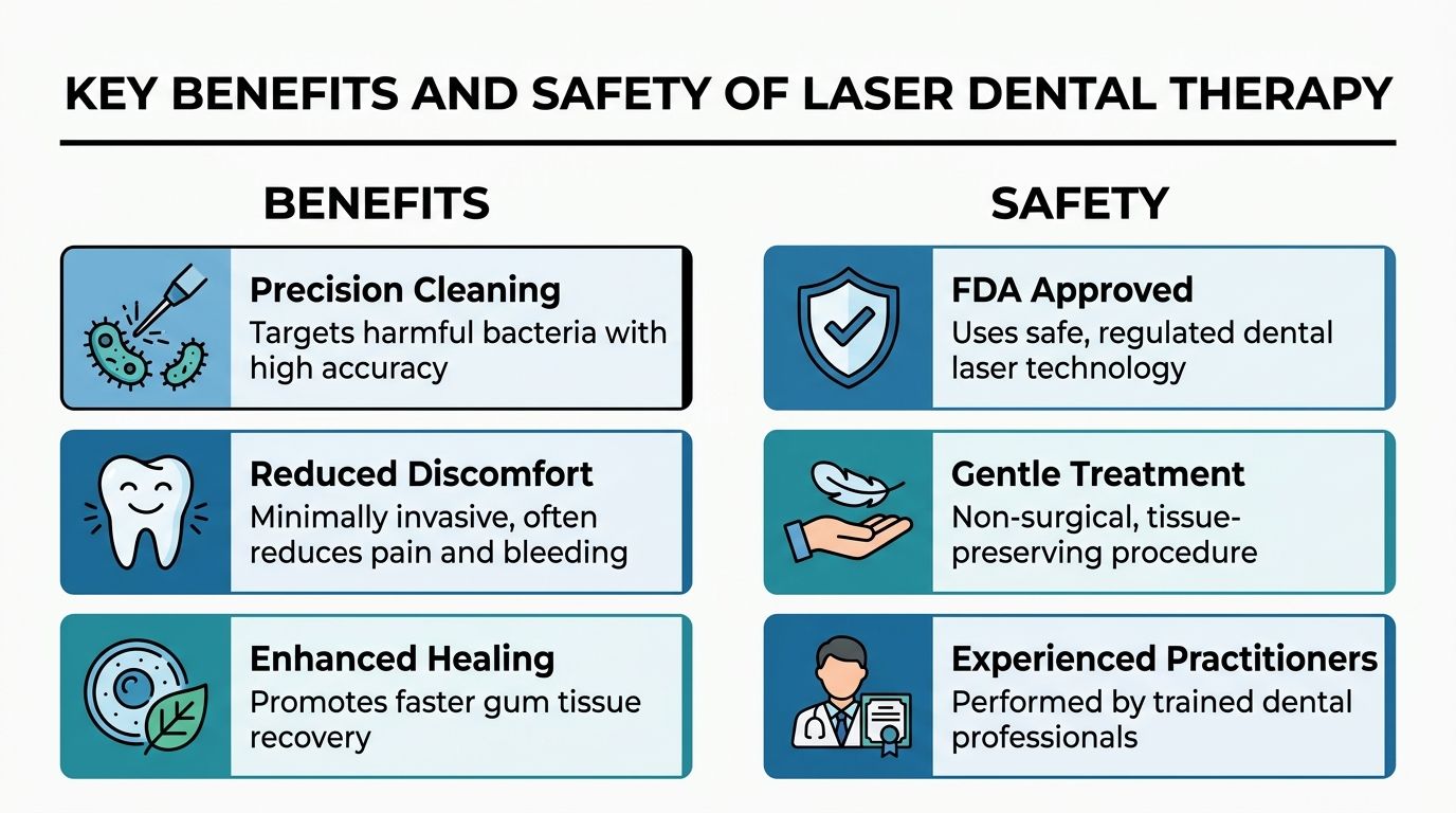 An infographic detailing the key benefits and safety features of using dental laser therapy for gum treatment.