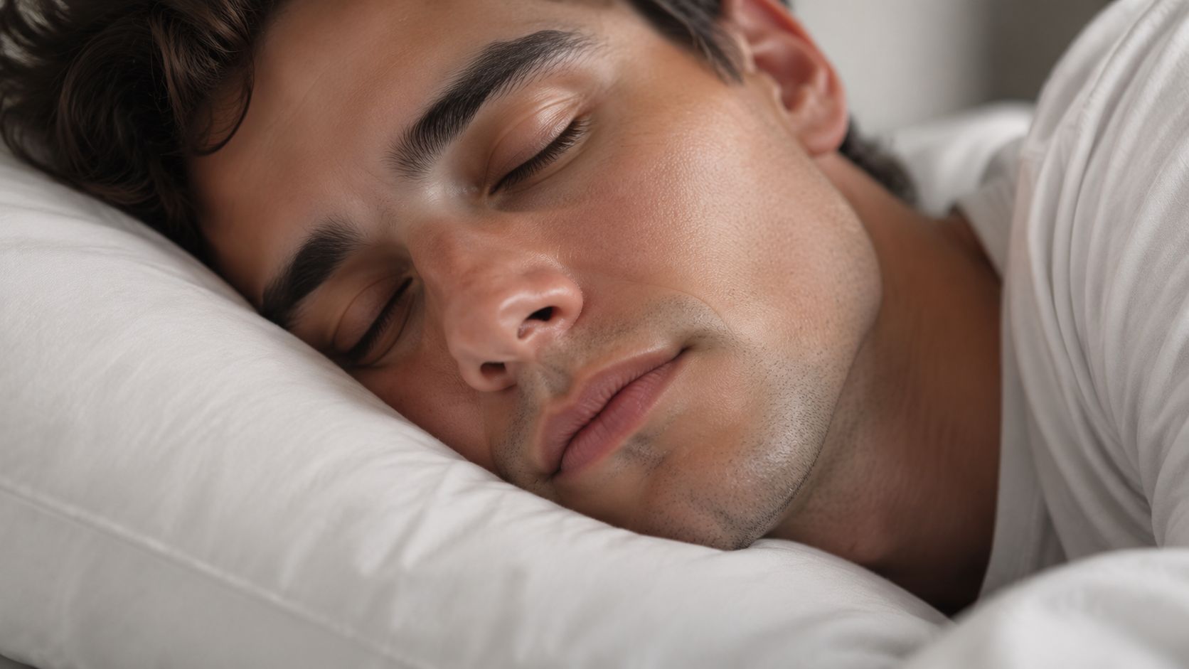 A young man with dark hair sleeping peacefully on a comfortable white pillow during the night