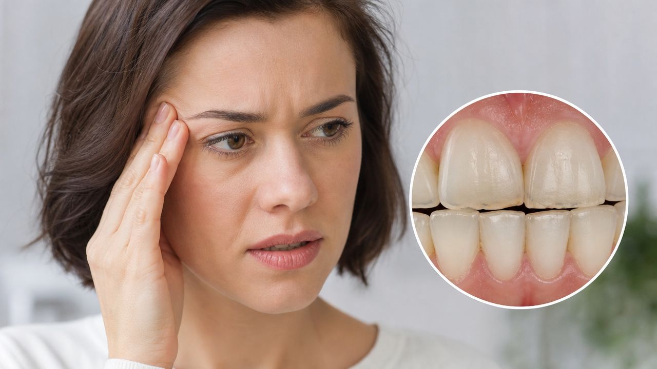 A concerned woman holding her head with a close-up of teeth grinding or bruxism shown in circle.
