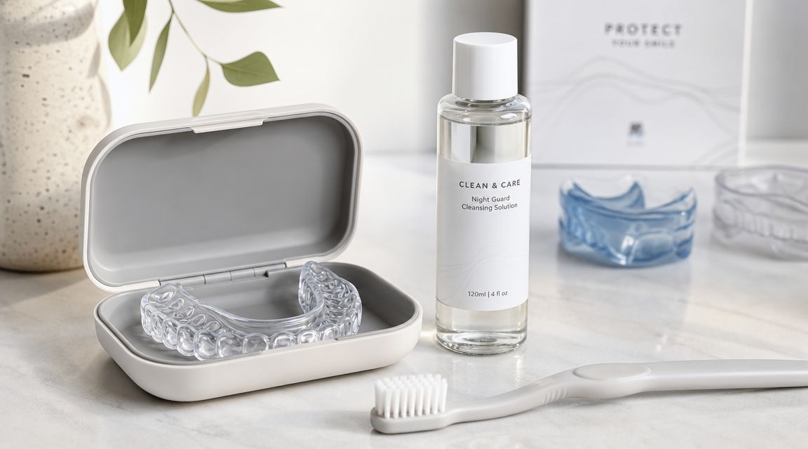 A night guard in its protective case next to a cleansing solution bottle and a toothbrush.