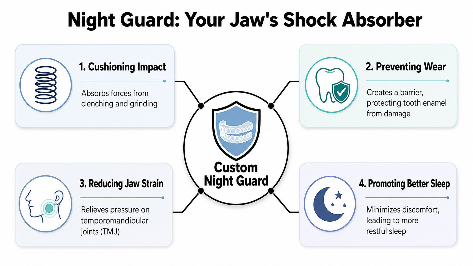 An infographic detailing four primary benefits of using a custom night guard for teeth clenching protection.