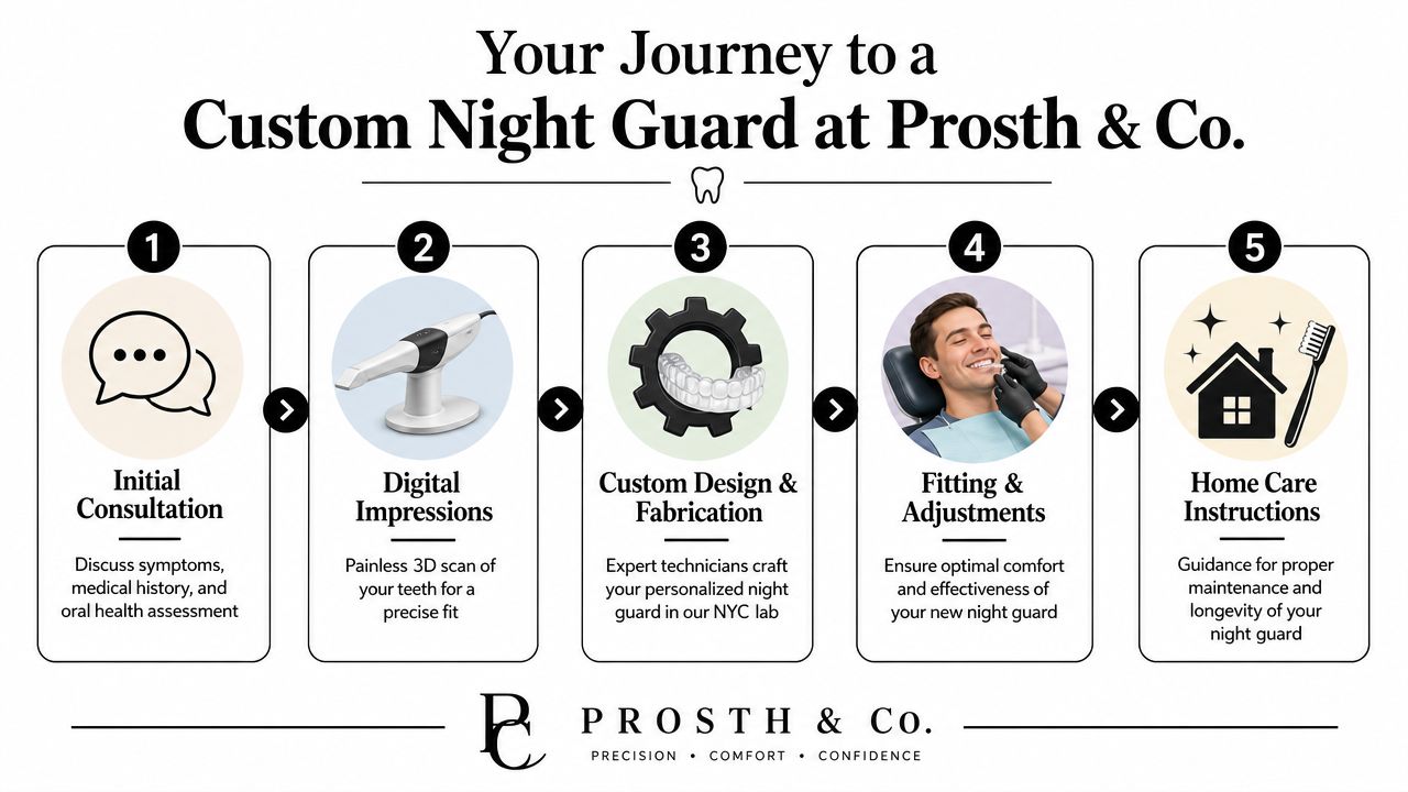 A five-step infographic showing the custom night guard creation process at Prosth and Co dentistry.
