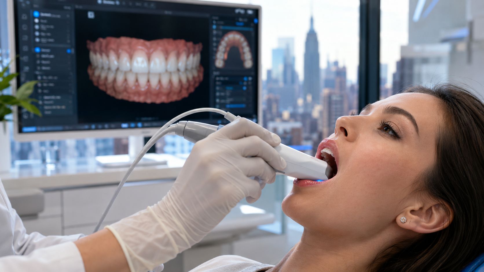 A dentist using an intraoral scanner to perform a 3D digital dental impression on a female patient.