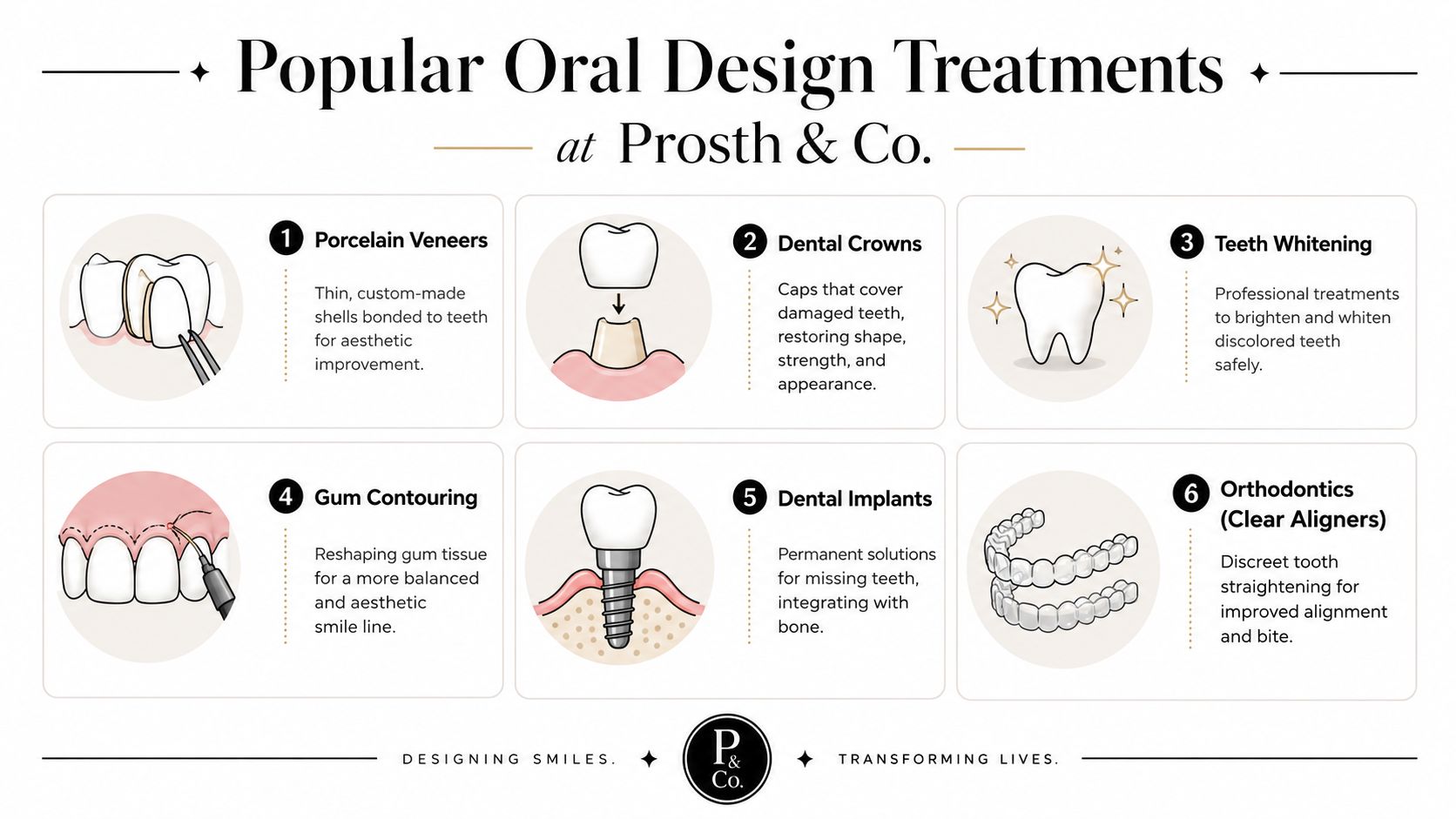 An infographic showing six popular oral design treatments offered at Prosth and Co, including veneers and implants.