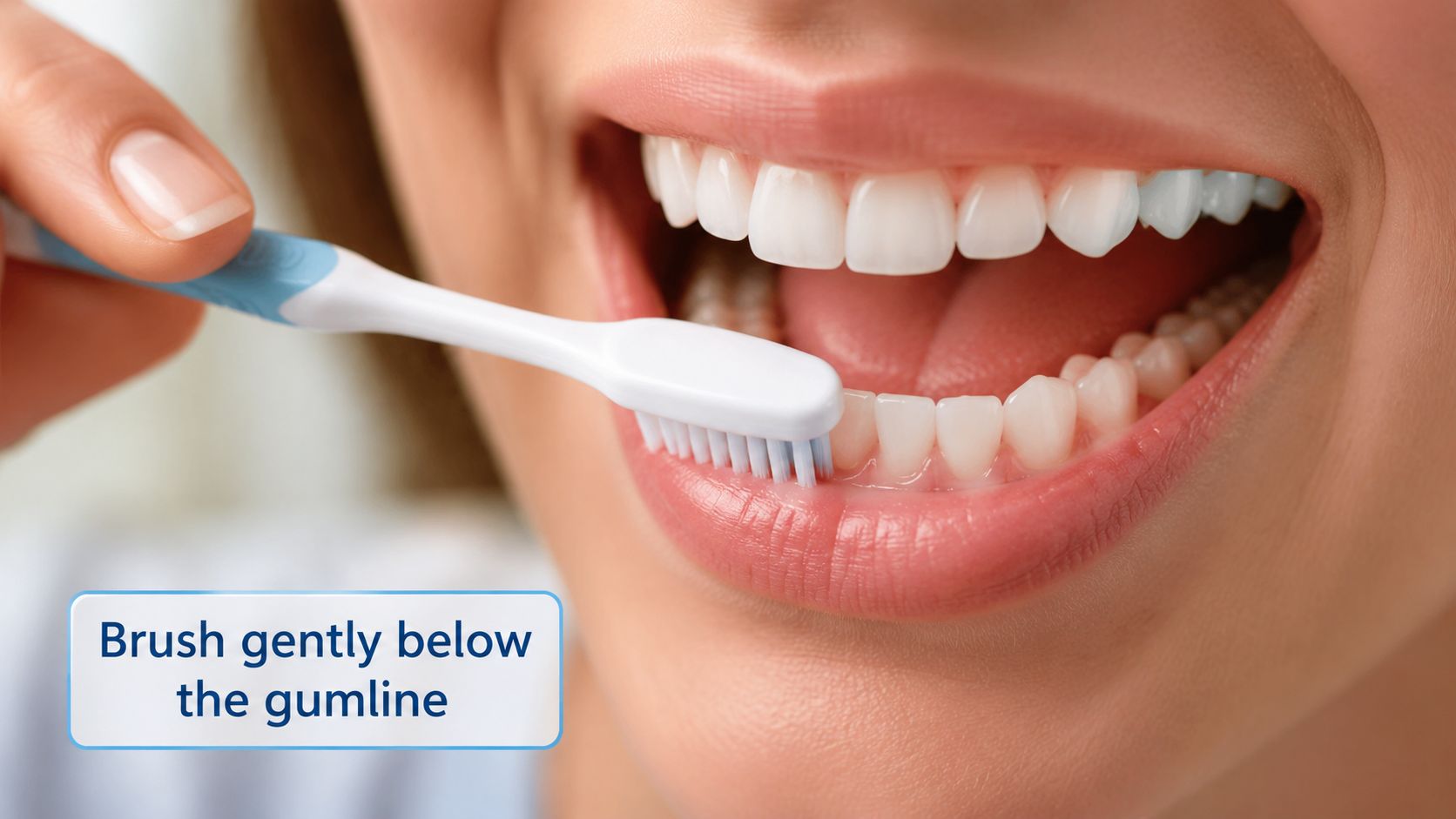 A close-up view of a person using a toothbrush to gently clean along their lower gumline.