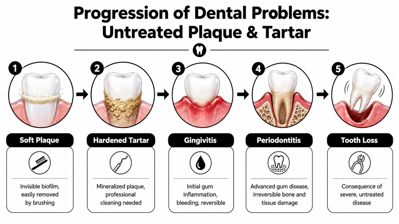 A five-step diagram showing the progression of dental problems from soft plaque buildup to eventual tooth loss.