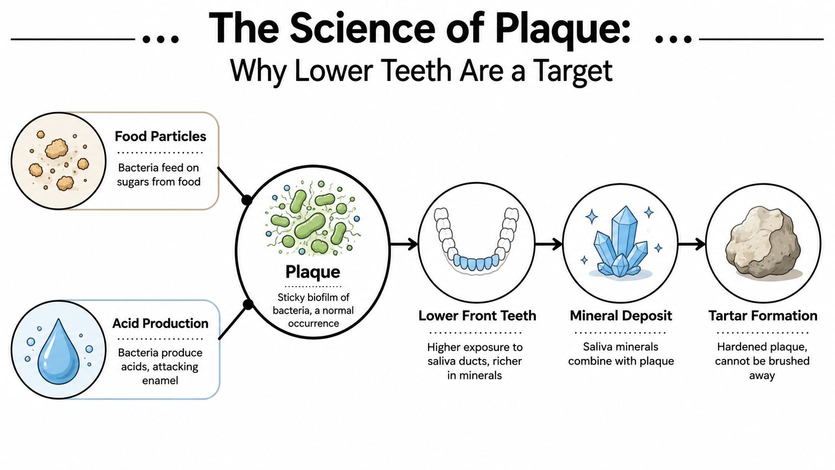 A diagram illustrating how plaque forms and hardens into tartar specifically on the lower front teeth.