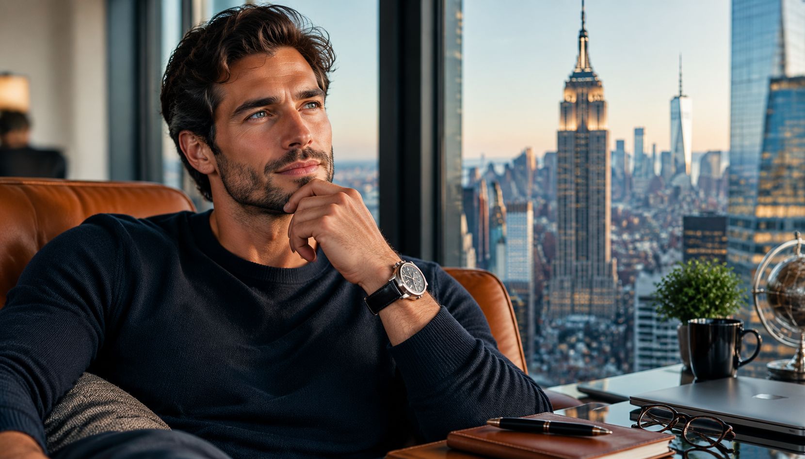 A sophisticated man contemplating in a luxury office overlooking the Manhattan skyline with the Empire State Building.