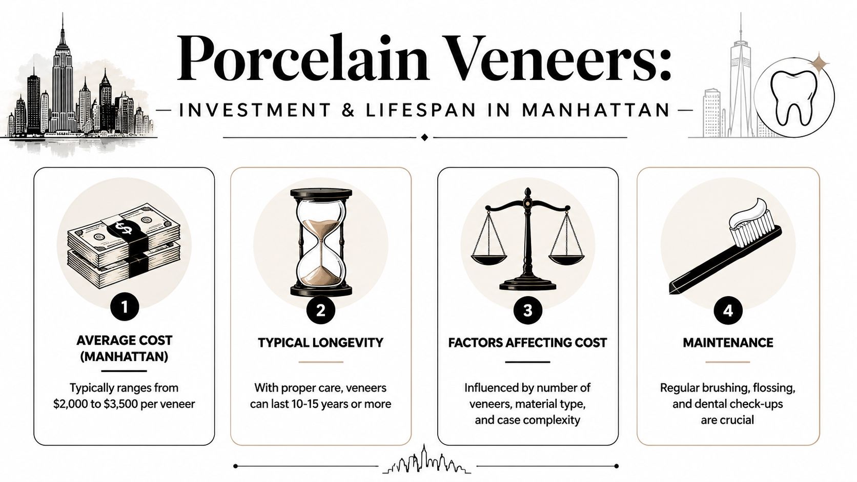 An infographic detailing the average cost, longevity, and maintenance requirements for porcelain veneers in Manhattan, New York.
