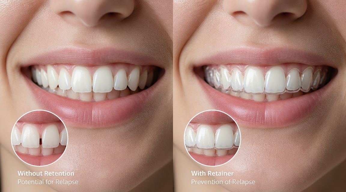 A split image comparing teeth alignment without retention versus wearing a clear dental retainer for relapse prevention.