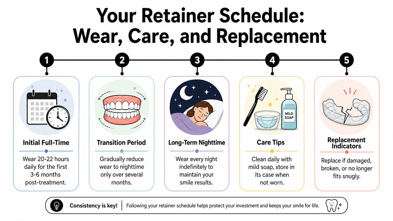 A five-step infographic guide explaining the daily wear, cleaning care, and replacement indicators for dental retainers.