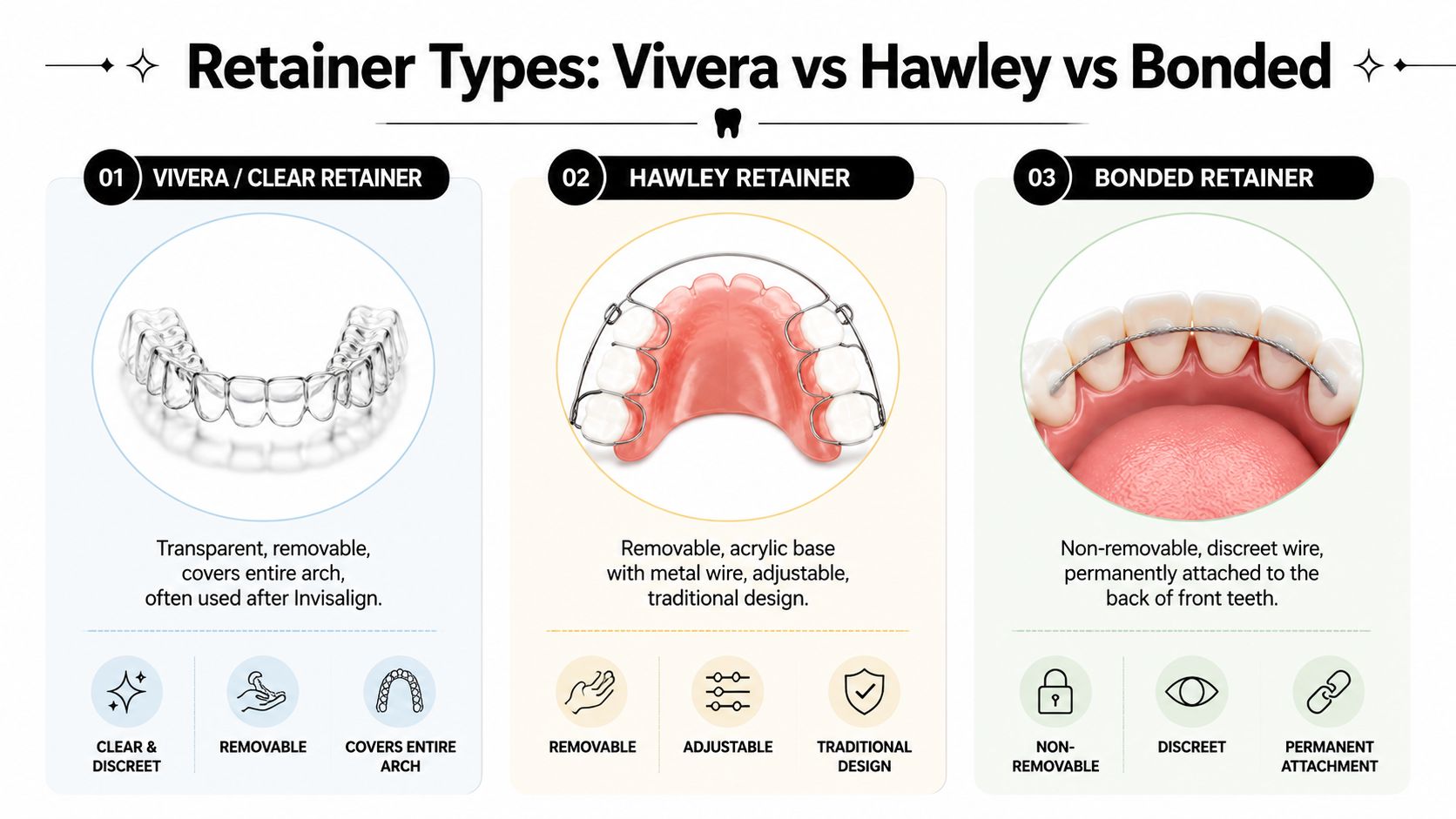 A comparison chart showing three types of dental retainers: Vivera clear retainers, Hawley wire retainers, and bonded retainers.