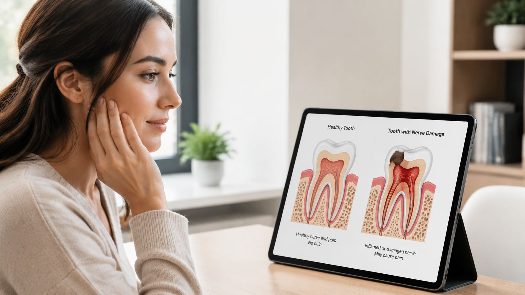 A woman looks at a tablet displaying a comparison between a healthy tooth and tooth nerve damage.