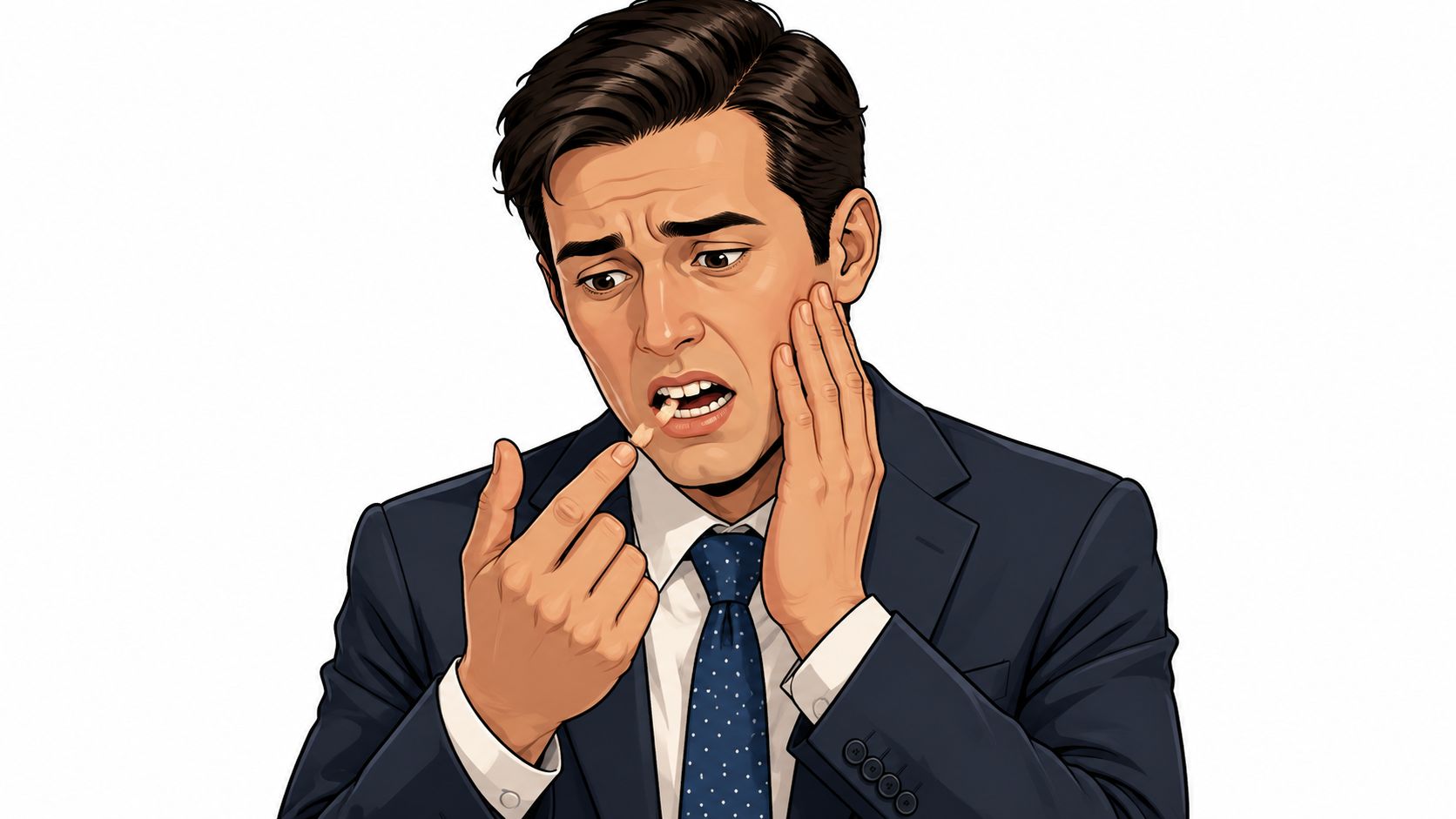 A businessman in a suit looking concerned while holding a piece of a broken tooth in his hand.