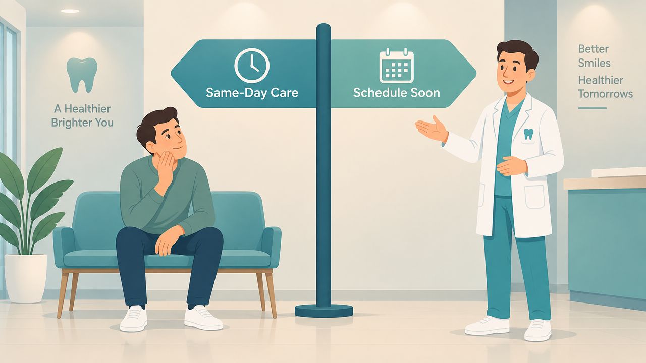 A patient sits on a couch in a dental office while a dentist gestures toward appointment options.