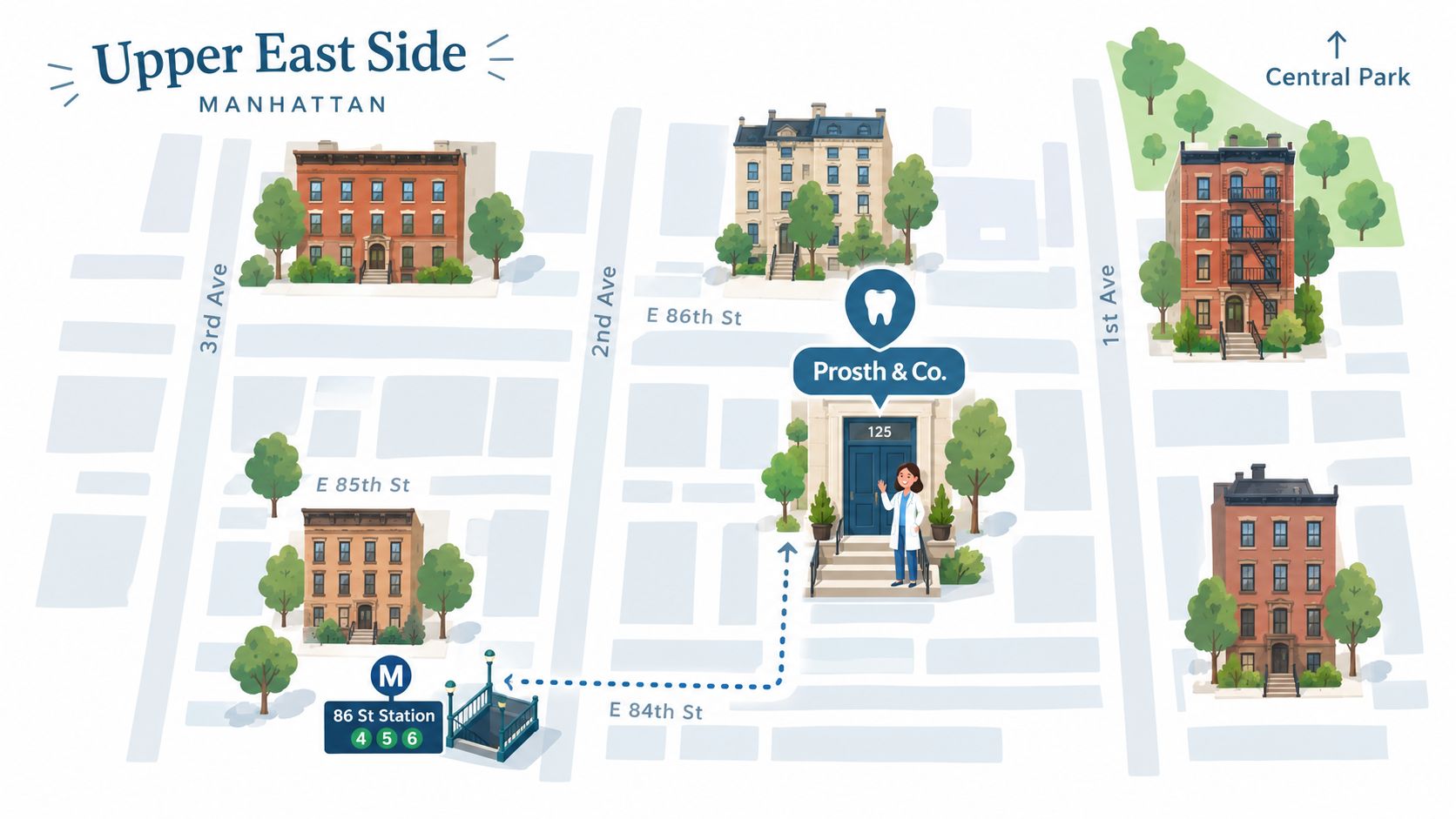 A map illustration of the Upper East Side in Manhattan showing the location of Prosth & Co dental office.
