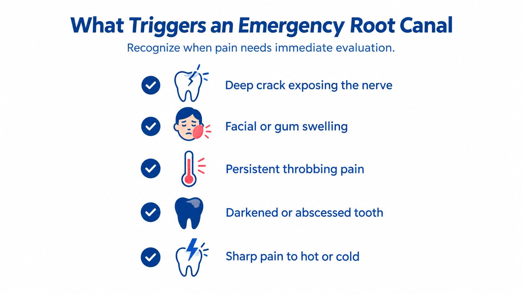 An infographic listing common symptoms like swelling, pain, and cracks that require an emergency root canal.