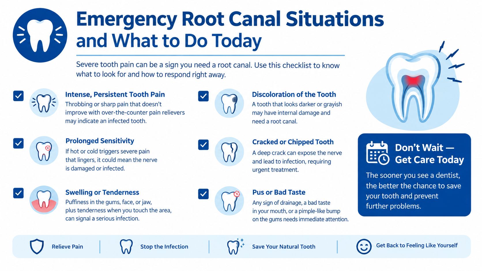 An infographic detailing common dental emergency symptoms that indicate the need for a root canal procedure.