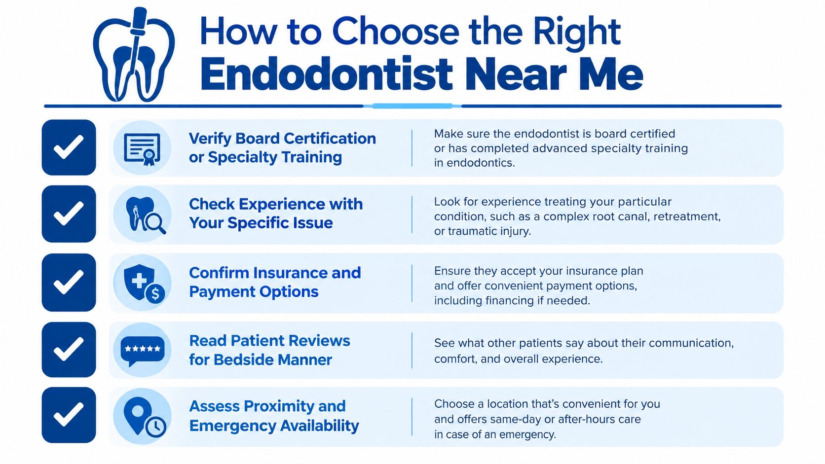 A helpful infographic outlining five key steps to consider when choosing a qualified endodontist near you.