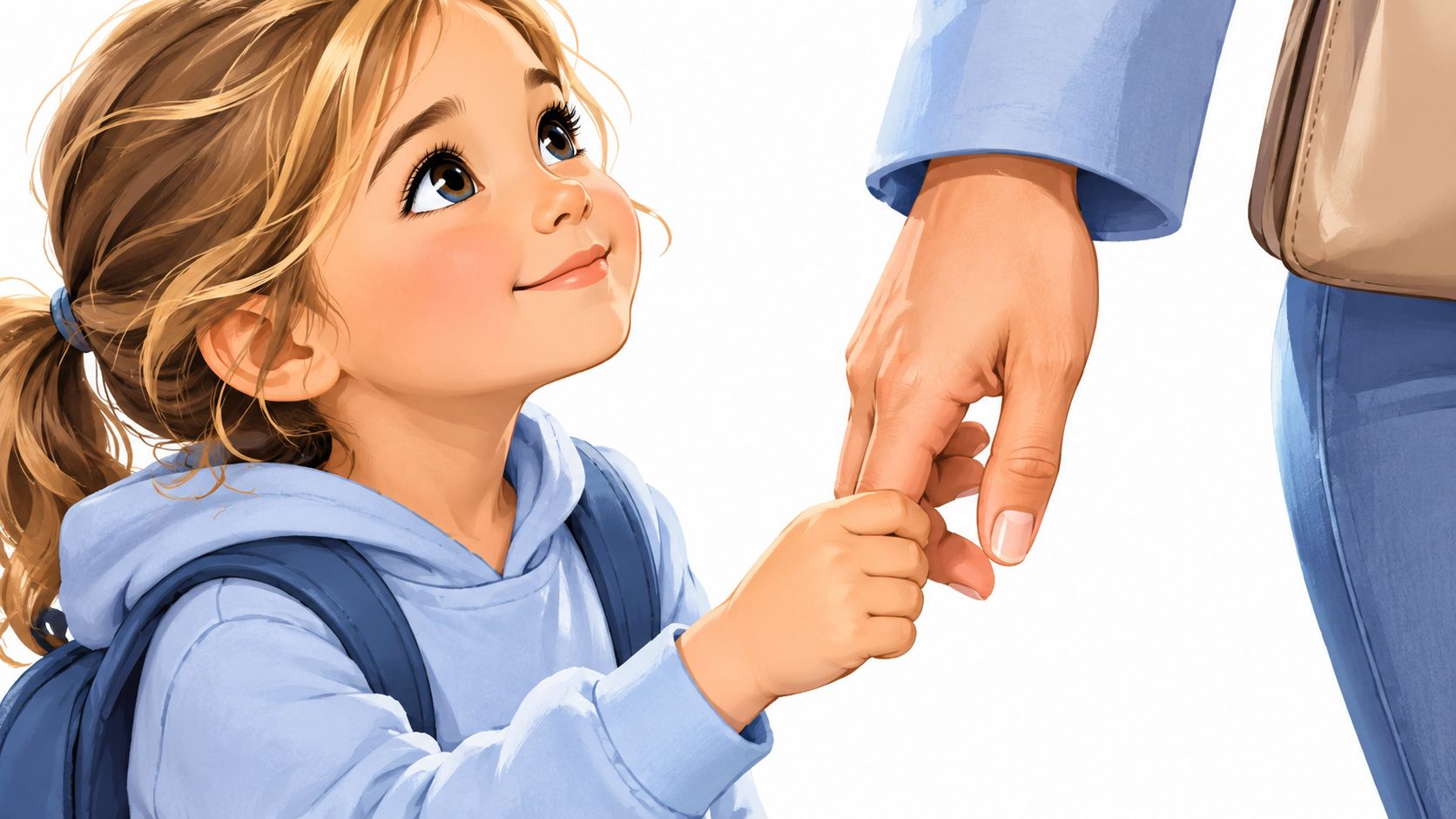 A young girl with a backpack looking up at her parent while holding their hand affectionately.