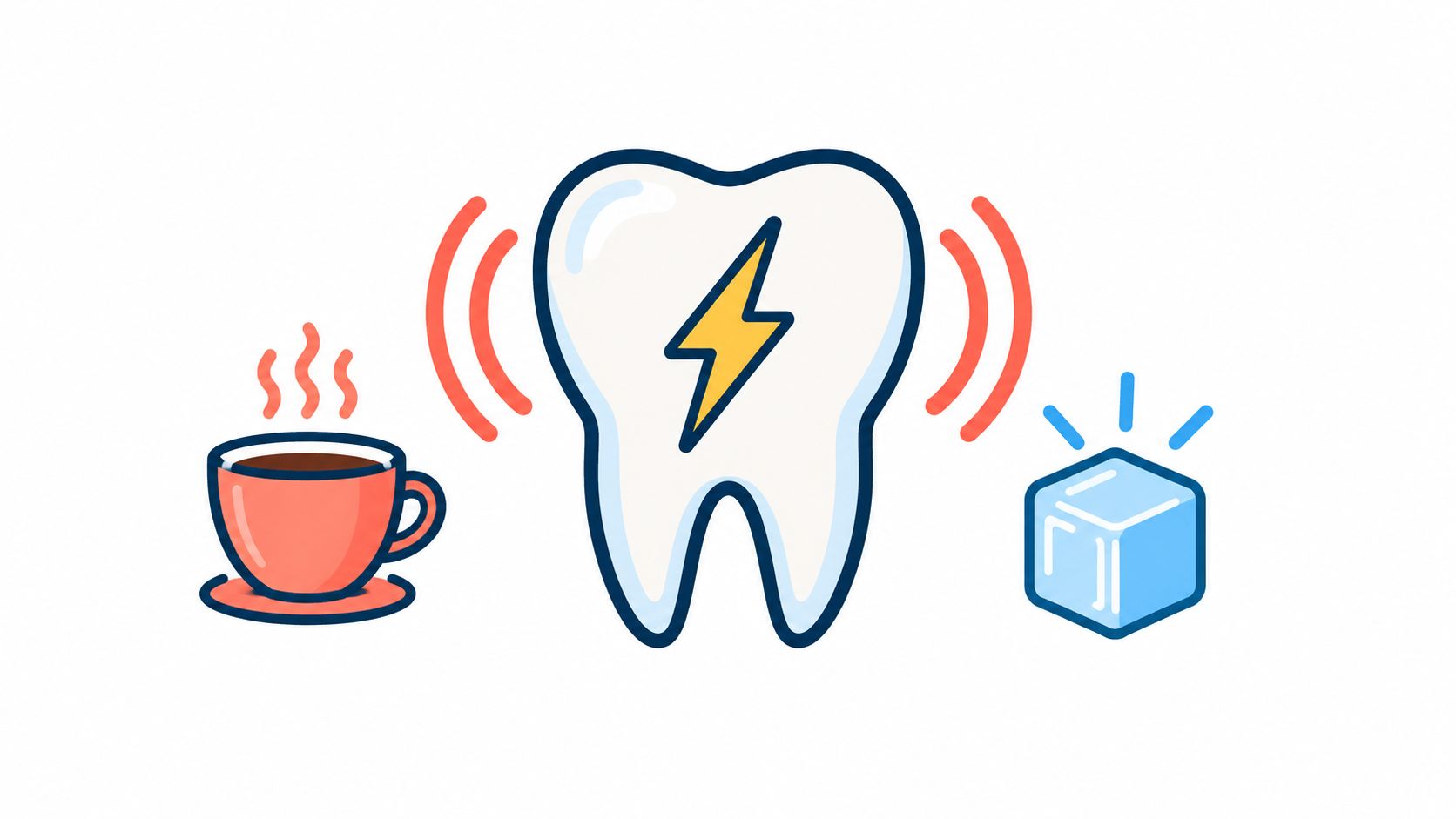 A tooth illustration depicting sensitivity to hot coffee and cold ice, symbolizing dental pain and discomfort.