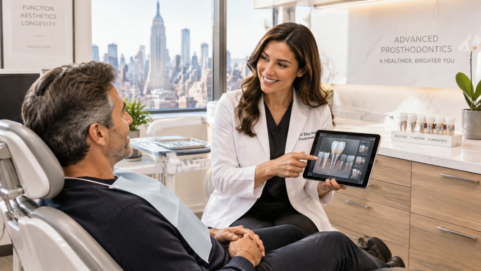 A female prosthodontist shows a patient a digital model of 4M dental implants on a tablet device.