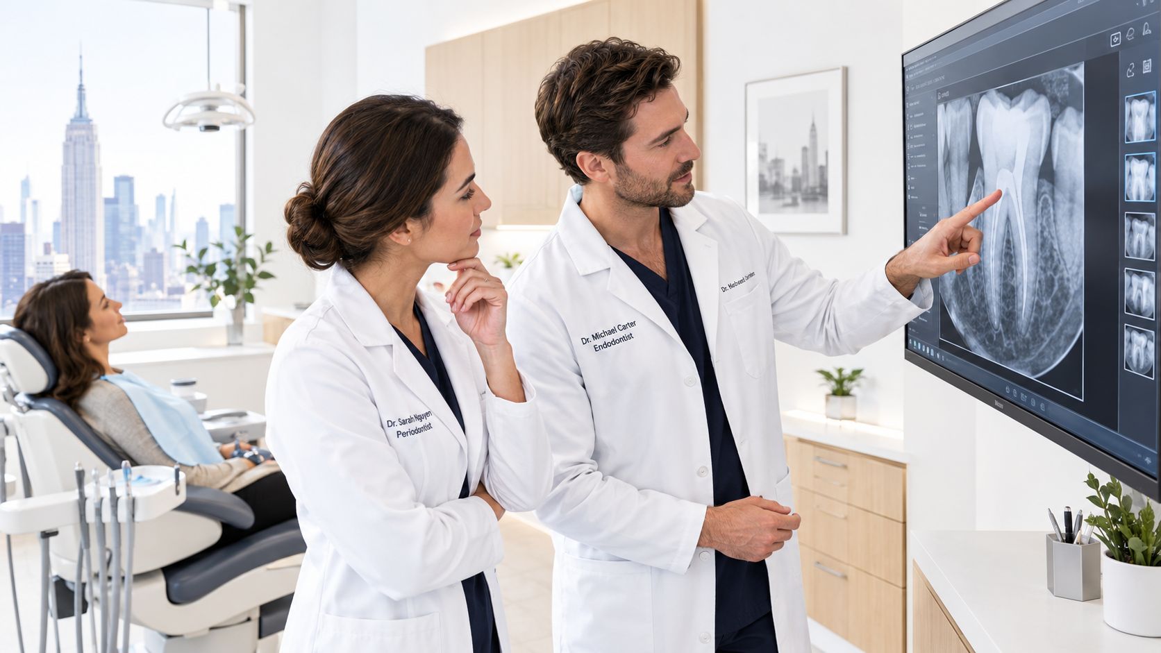 A male endodontist and female periodontist reviewing a dental X-ray on a monitor in a clinical office.